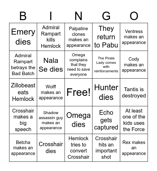 Bad Batch S3 Final Episode Bingo Card