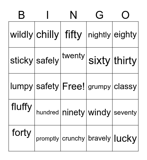 ty and ly as a suffix Bingo Card