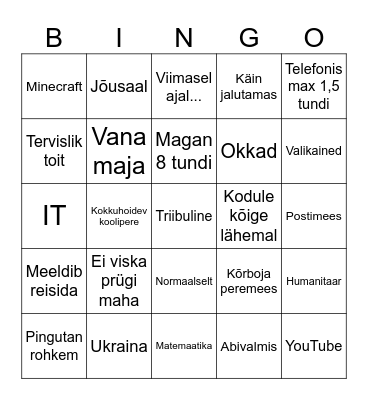Vastuvõtu bingo Card