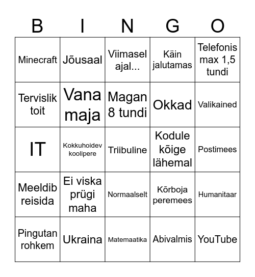 Vastuvõtu bingo Card