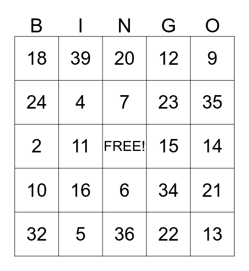 Number Bingo Card