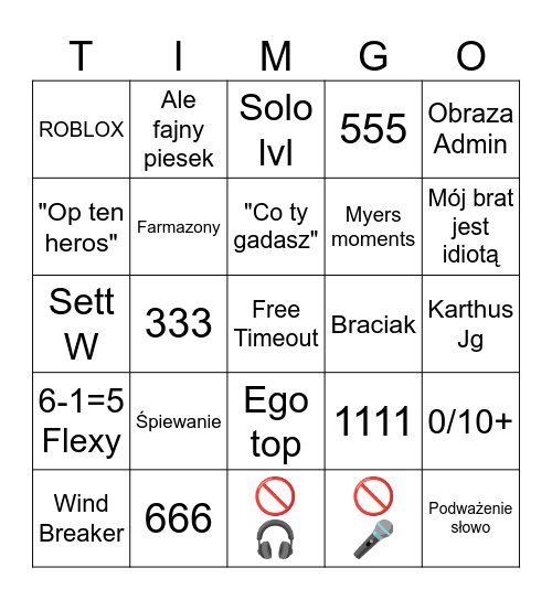Timeout Bingo Card