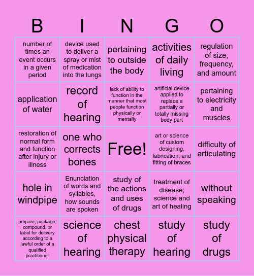 Rehabilitative Key Terms Bingo Card