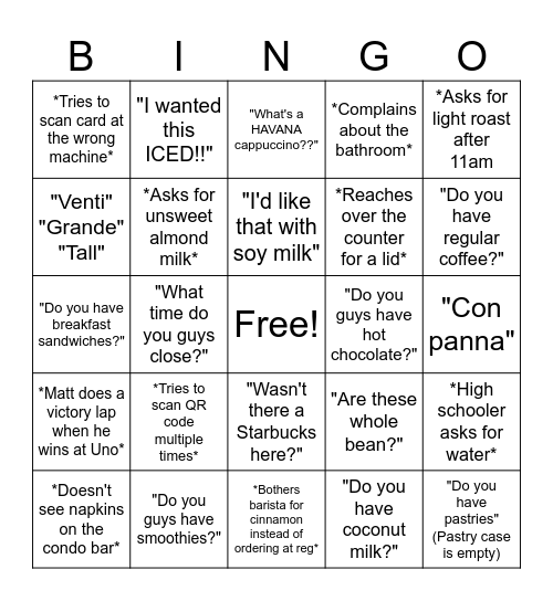 Emory's Peets Bingo Card