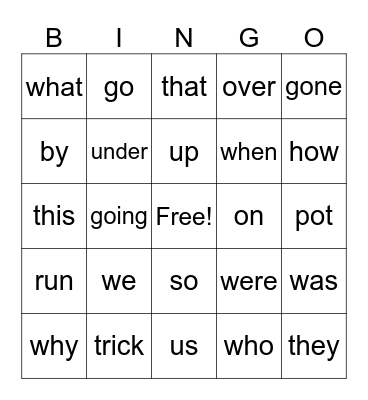 Sight Words Bingo Card