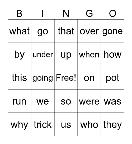 Sight Words Bingo Card