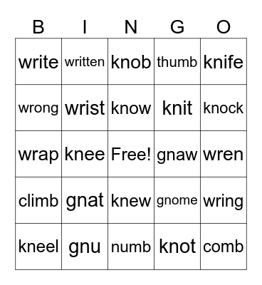 silent letters 1st grade Bingo Card