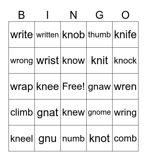 silent letters 1st grade Bingo Card