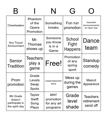 GHS Rally Bingo Card