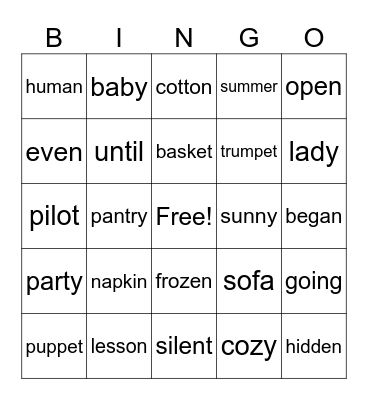 2nd grade open & closed syllables Bingo Card