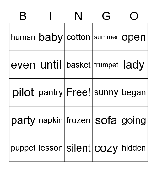 2nd grade open & closed syllables Bingo Card