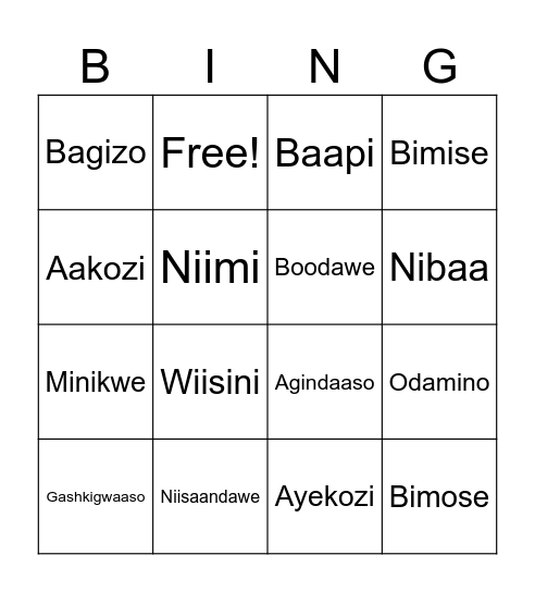 Ojibwe Verbs Bingo Card