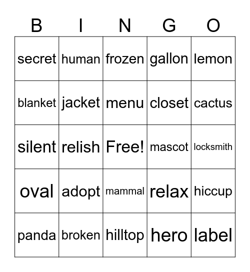 Two Syllables Bingo Card