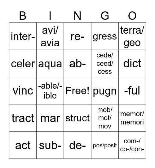 Roots and affixes Bingo Card