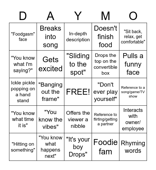 Daym Drops Bingo Card