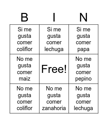 Vegetales (juego me gusta/No me gusta) Bingo Card