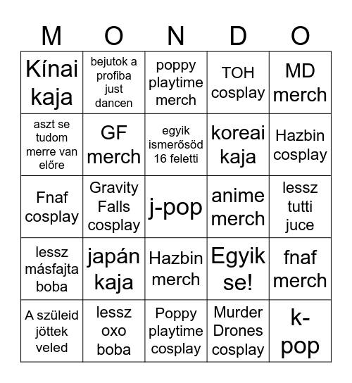 Mondocon bingó Bingo Card