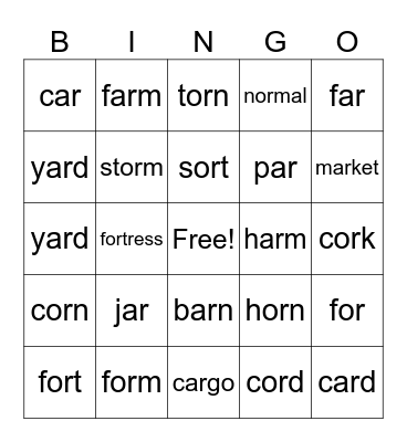 r-controlled vowel bingo Card