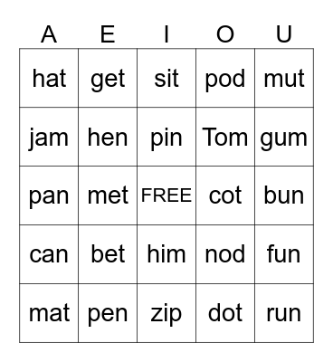 CVC Word Bingo Card