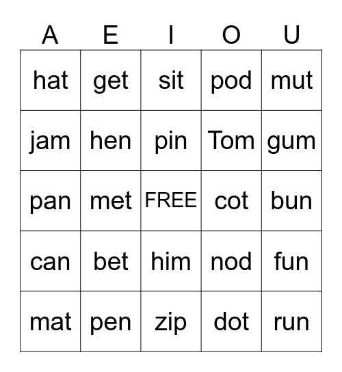 CVC Word Bingo Card