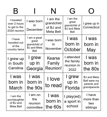 Kearse Family Reunion Bingo Card