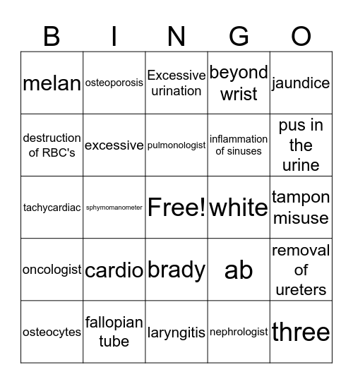 Health Science 1 Bingo Card