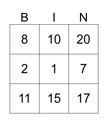Les nombres de 0 à 20 Bingo Card
