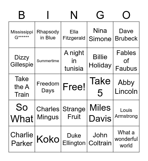 Jazz Bingo! Bingo Card