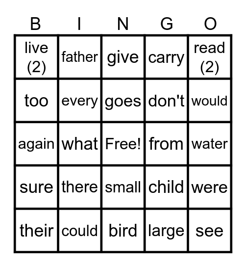 Sight WORD Bingo Card
