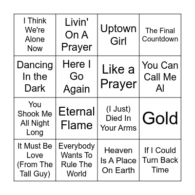 80s Music Bingo Round 3 Bingo Card