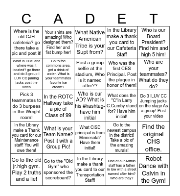 Cadet Pride BINGO Card