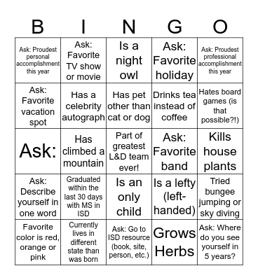 L&D Team Lunch Bingo Card