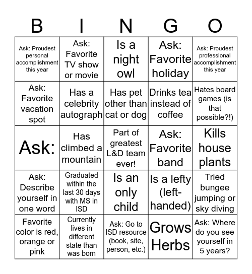 L&D Team Lunch Bingo Card