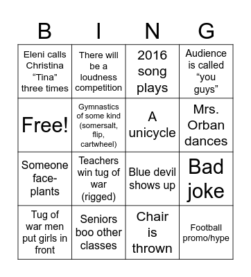Pep Rally Bingo Card