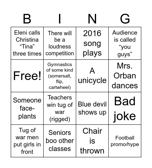 Pep Rally Bingo Card