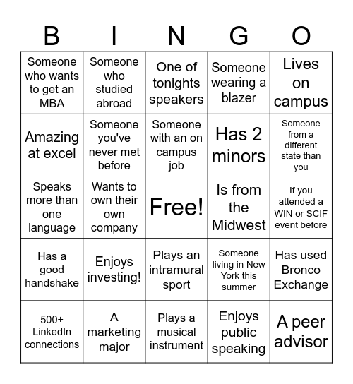 SCIF x WIN Networking Bingo Card