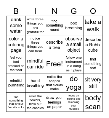 Mindfulness Bingo Card