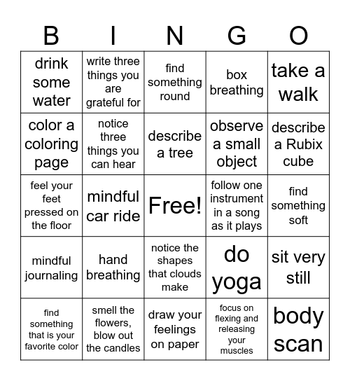 Mindfulness Bingo Card