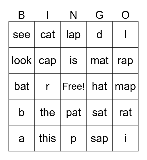 1st Grade Bingo Card