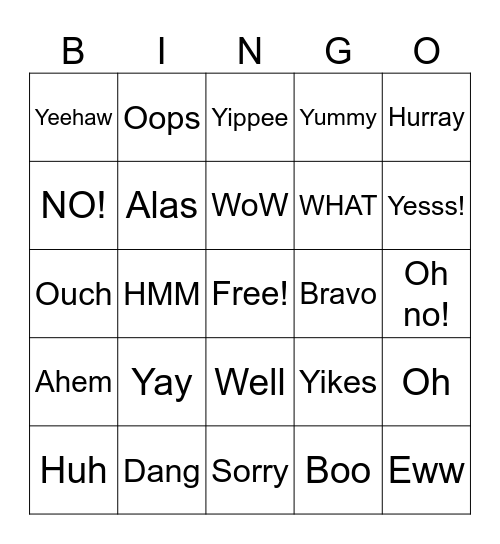 Interjection Bingo Card