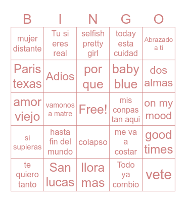 Kevin kaarl's songs/albums Bingo Card