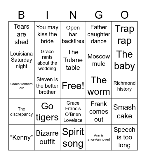 The wedding Bingo Card