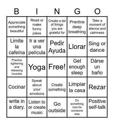 Coping Skills Bingo Card