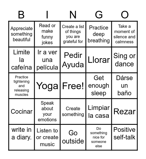 Coping Skills Bingo Card