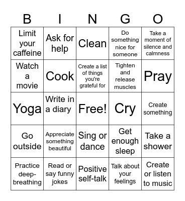 Coping Skills Bingo Card