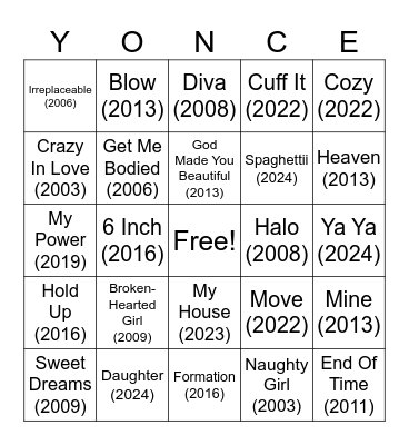 Beyonce Bingo Card