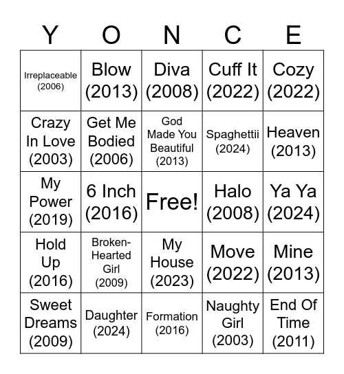 Beyonce Bingo Card