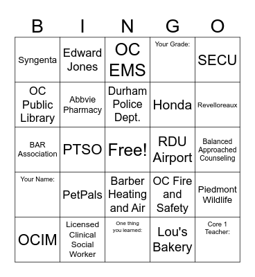 GHMS Career Day Bingo Card