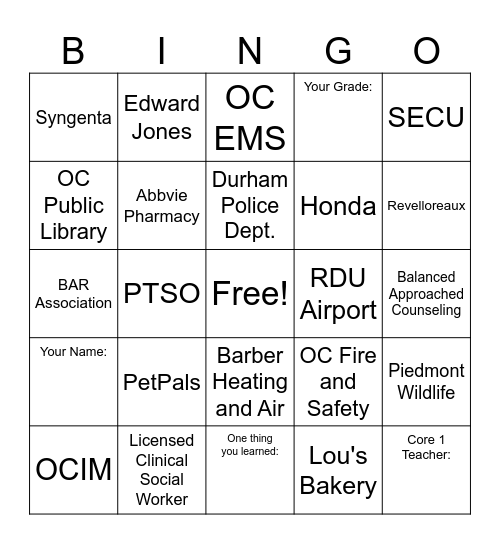 GHMS Career Day Bingo Card