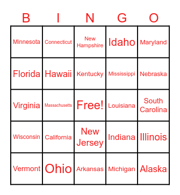 50 States Bingo Card